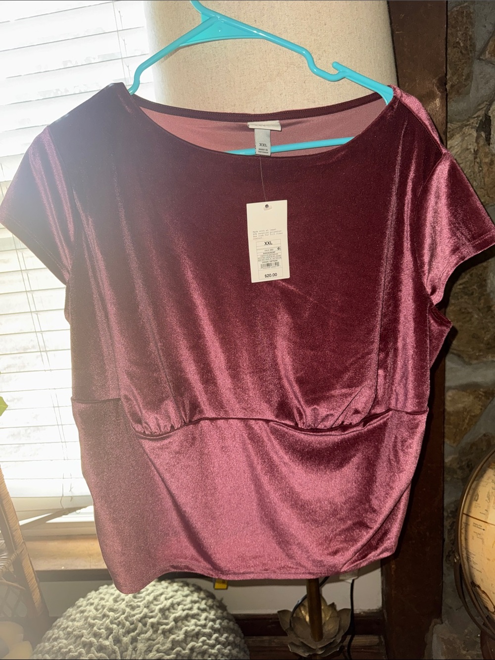 a new day Short Sleeve Velvet Top in Burgundy